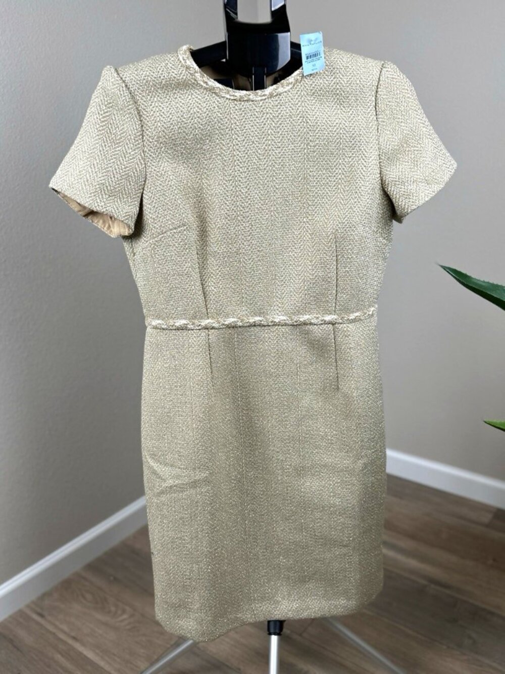 Ann Taylor 10P Petite Metallic Gold Tweed Herringbone Sheath Dress NWT
